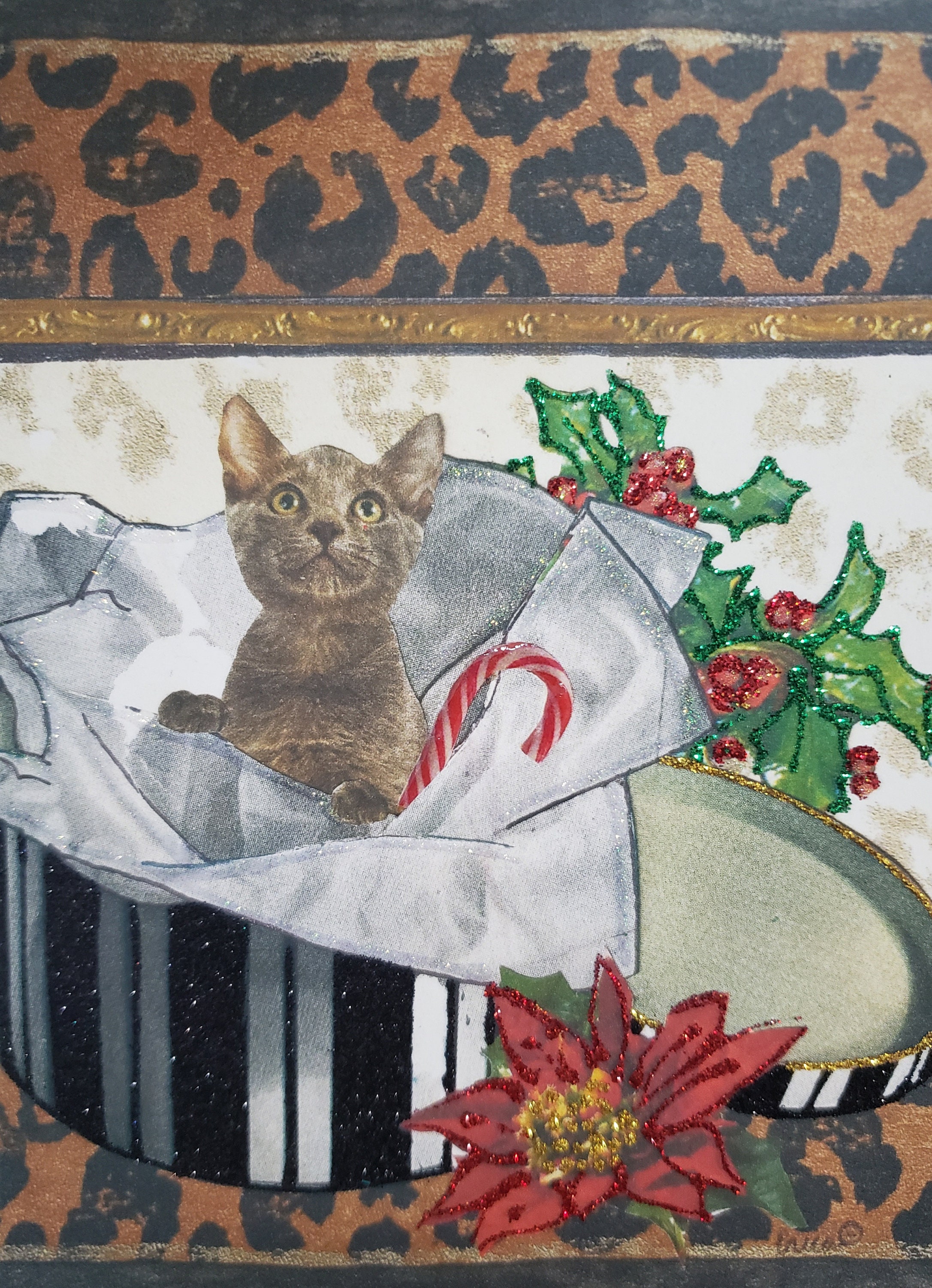 Christmas Kitten Card, Glitter Jewel Holiday Cat Gift Card