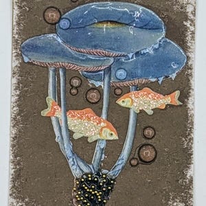 ACEO オリジナルサイン入りアート マッシュルーム 金魚 カード ミックスメディア コラージュ 2.5x3.5 インチ
