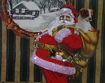 Glitter Santa Dog Christmas Card, Handmade Holiday Puppy Card