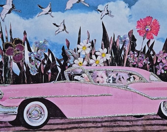 Pink Cadillac Dog Road Trip Card, Glitter Jewels Embellished