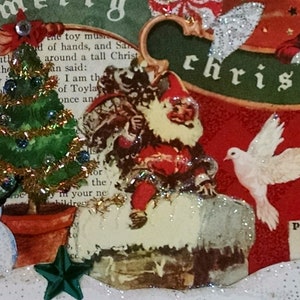 Santa Peace Christmas Card, Victorian Collage Card, Glitter Embellished Holiday