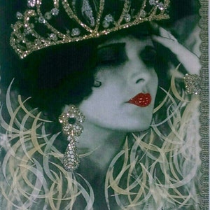 May include: A black and white portrait of a woman wearing a sparkling tiara and earrings. The woman has red lipstick and her hair is styled in a bob. The background is a green and gold abstract design.