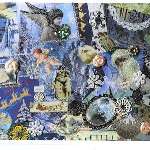 Blue Christmas Collage Card, Handmade Holiday Card, Embellished Card