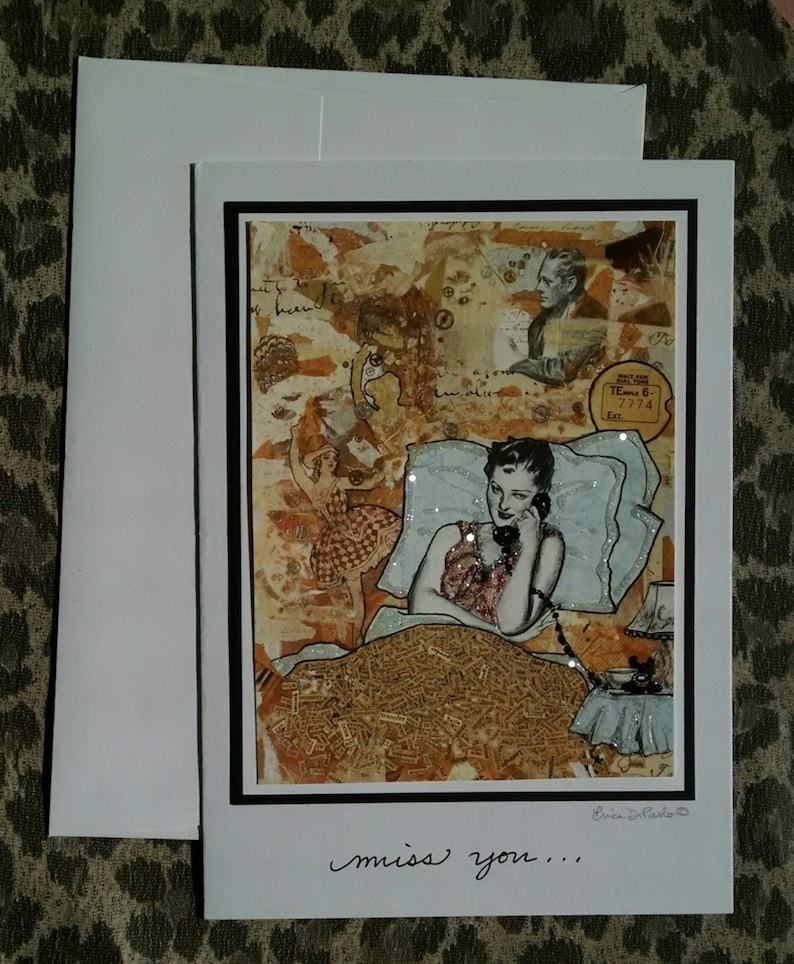 Vintage Embellished Phone Romance Telephone Bed Glamour Words, Word Art Card- Miss You