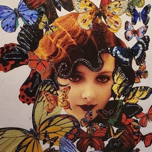 May include: A collage featuring a woman's face surrounded by colorful butterflies. The butterflies are arranged in a whimsical pattern, creating a vibrant and eye-catching design.