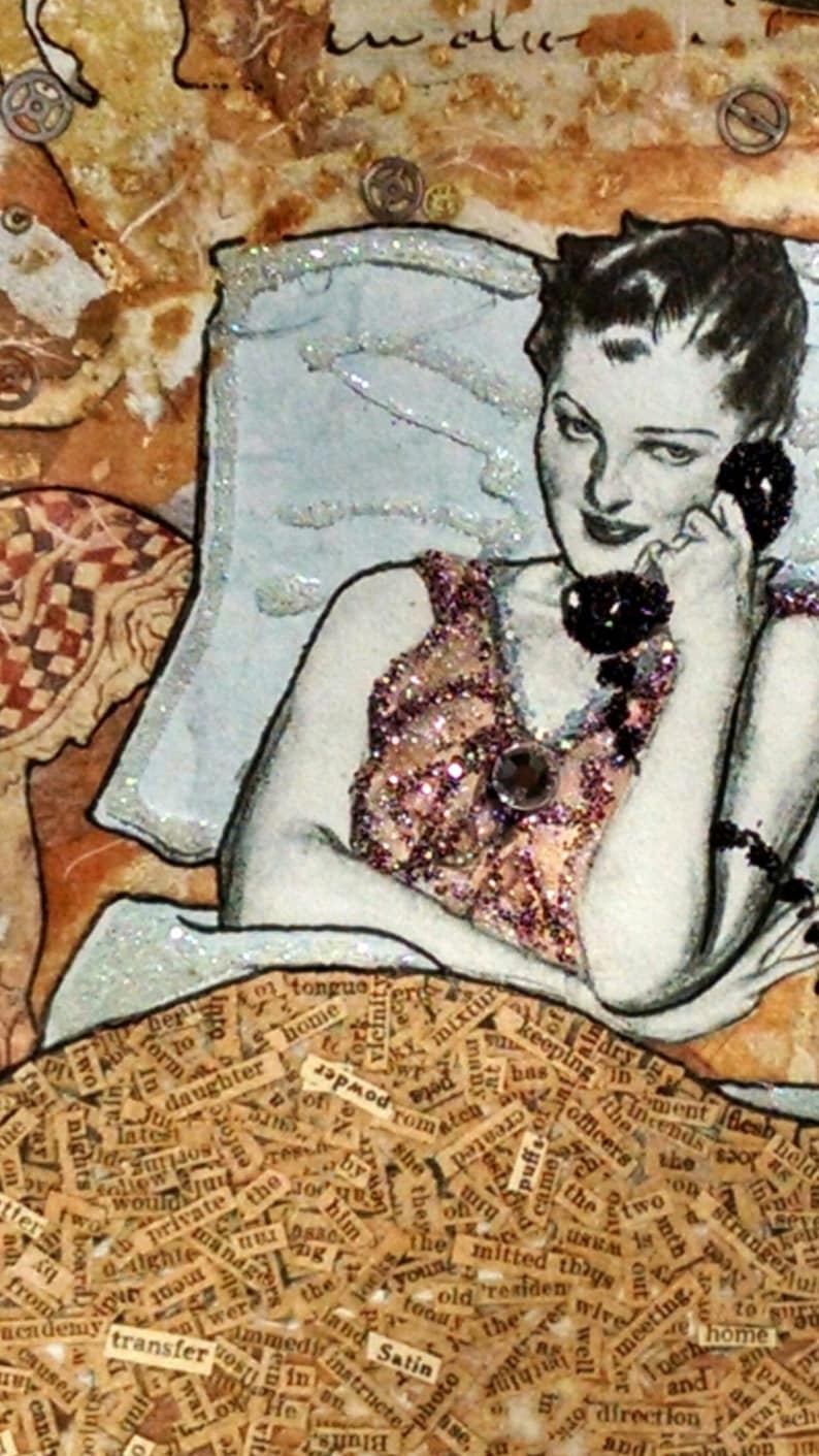 Vintage Embellished Phone Romance Telephone Bed Glamour Words, Word Art Card- Miss You