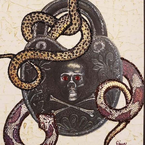 Skull, Lock & Snakes Blank Card-Gothic,Crossbones,red eyes,embellished