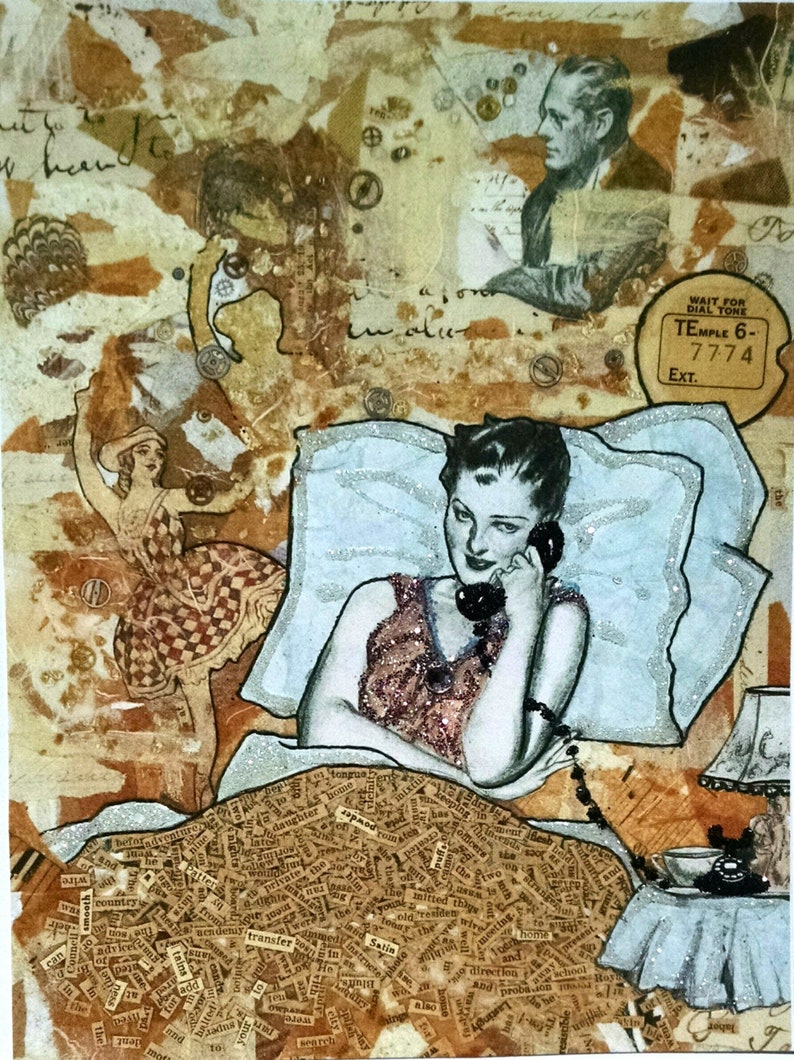 Vintage Embellished Phone Romance Telephone Bed Glamour Words, Word Art Card- Miss You