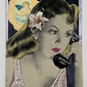 ACEO Original Signierte Kunst Vintage Telefon karte Mixed Media Collage 2,5x3,5 zoll