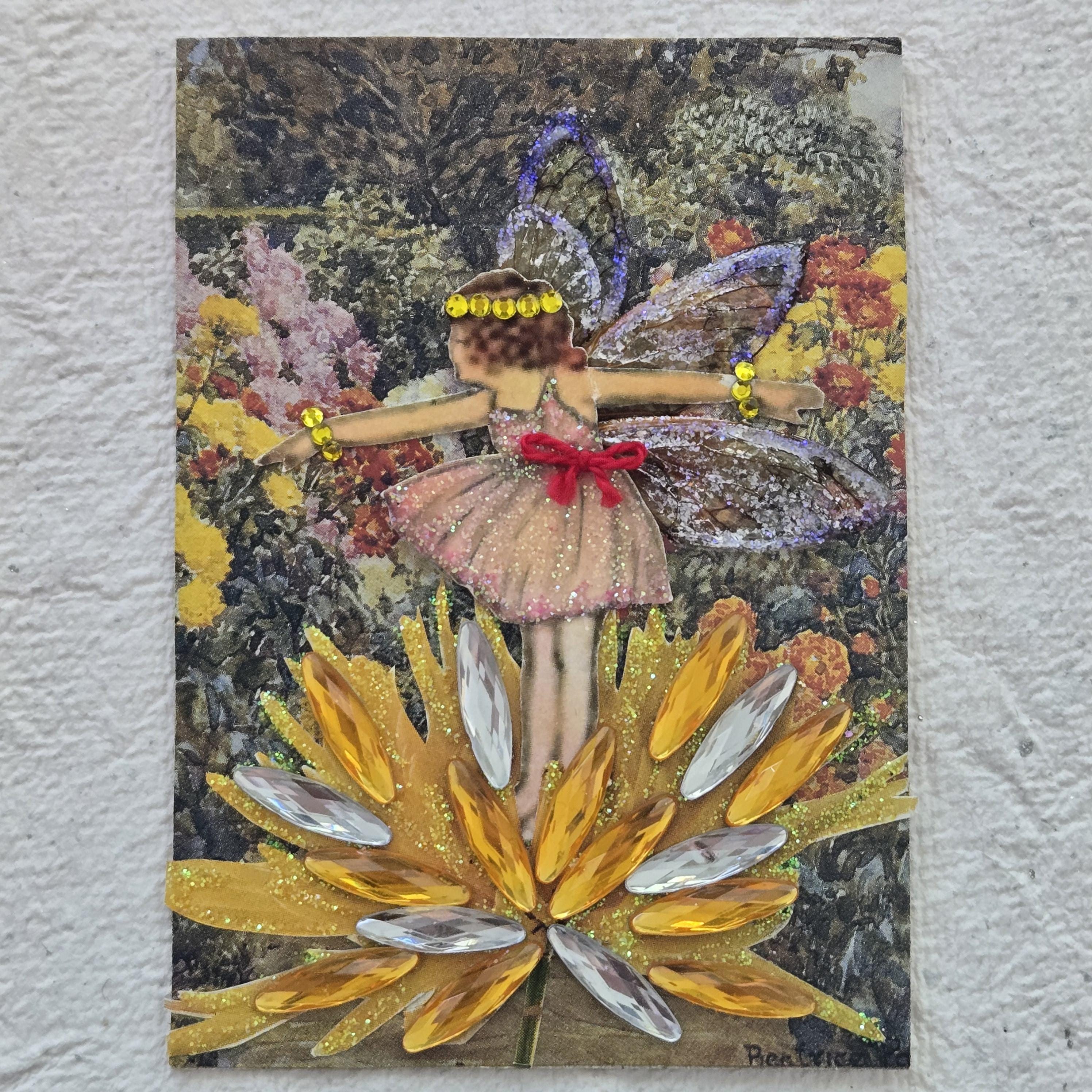 ACEO Original Signed Art Dandelion Fairy Card Mixed Media Collage 2.5x3.5 inches