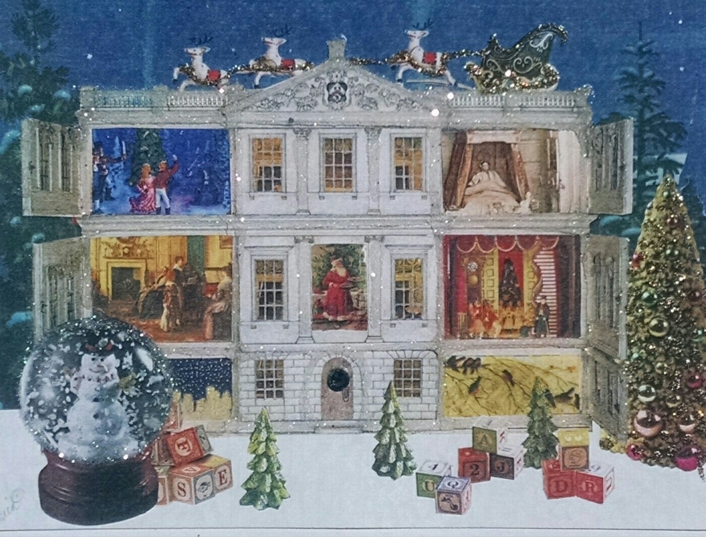 Christmas Dollhouse Print, Glitter Embellished Holiday Home, 8x10