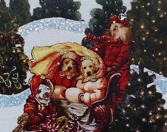 Dogsled Christmas Card, Glitter Embellished Dog Art, 5x7