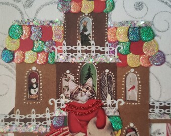 Gingerbread House Cat Card,Christmas Cat,Gingerbread Card,Card for Framing