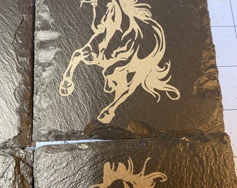 Set of 4 Galloping horse laser engraved slate coasters round.