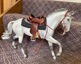 Chocolate & silver hand tooled western show saddle tack Set  fits traditional scale breyer model horse