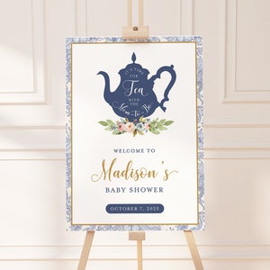 Modèle de plaque de bienvenue pour la fête prénatale du thé de l&#39;après-midi, L&#39;heure du thé avec la future maman, Poster de bienvenue pour la fête prénatale, Tea Party de bienvenue | MADISON
