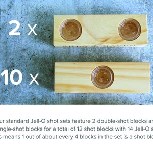 Puede incluir: Dos bloques de madera con vasos de chupito de pl&aacute;stico transparente, etiquetados "2 x" y "10 x". Los bloques est&aacute;n sobre una superficie gris texturizada. El texto describe el conjunto como 2 bloques dobles y 10 bloques individuales.