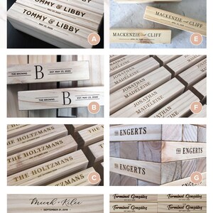 Puede incluir: Bloques de madera con nombres y fechas grabados, que muestran varias opciones de dise&ntilde;o. Ejemplos incluyen nombres como "Tommy & Libby" y "Mackenzie & Cliff", junto con fechas. Ideal para regalos personalizados o decoraci&oacute;n de eventos.