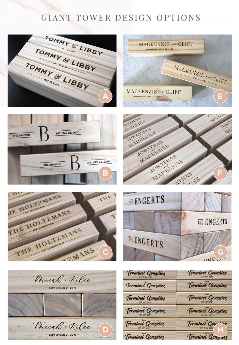 Puede incluir: Bloques de madera con nombres y fechas grabados, que muestran varias opciones de dise&ntilde;o. Ejemplos incluyen nombres como "Tommy & Libby" y "Mackenzie & Cliff", junto con fechas. Ideal para regalos personalizados o decoraci&oacute;n de eventos.