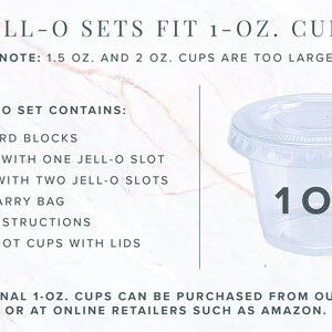 Puede incluir: Vaso de pl&aacute;stico transparente de 1 oz con tapa. El texto de la imagen dice "JELL-O SETS FIT 1-OZ. CUPS". El juego incluye bloques, una bolsa de transporte de nailon, instrucciones y 28 vasos de chupito con tapas.