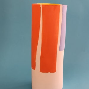 Ceramic vase. Hand built, hand decorated Vase. Vibrant abstract decorated vase. Modern style handmade ceramic vase. Tall ceramic vase. image 5