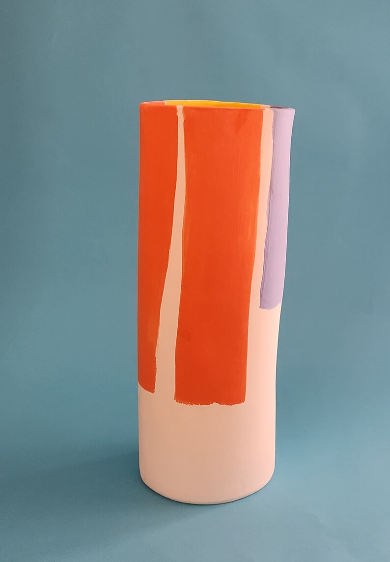 Ceramic vase. Hand built, hand decorated Vase. Vibrant abstract decorated vase. Modern style handmade ceramic vase. Tall ceramic vase. image 5