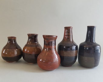 Small handmade wheel-thrown ceramic bottles.  A set of 5 small ceramic bottles.
