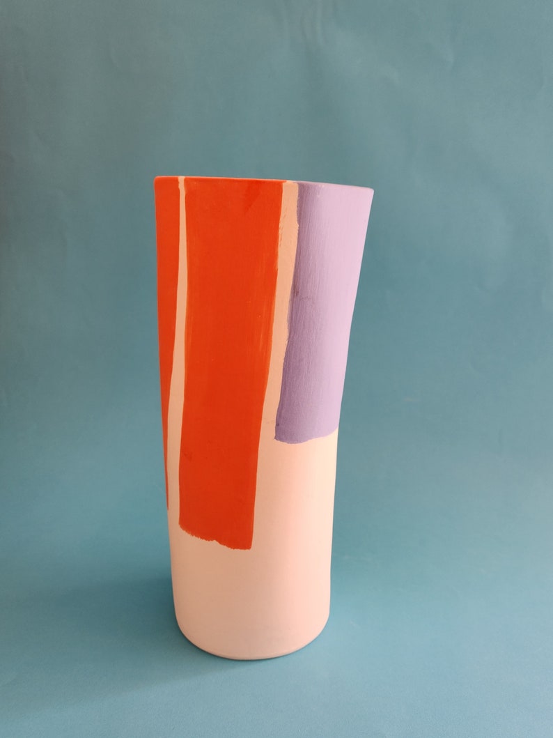 Ceramic vase. Hand built, hand decorated Vase. Vibrant abstract decorated vase. Modern style handmade ceramic vase. Tall ceramic vase. image 6