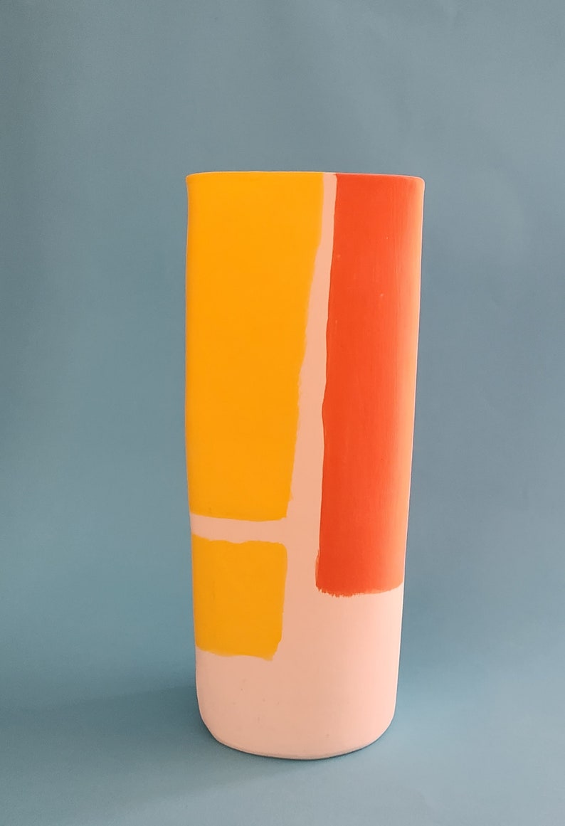 Ceramic vase. Hand built, hand decorated Vase. Vibrant abstract decorated vase. Modern style handmade ceramic vase. Tall ceramic vase. image 3