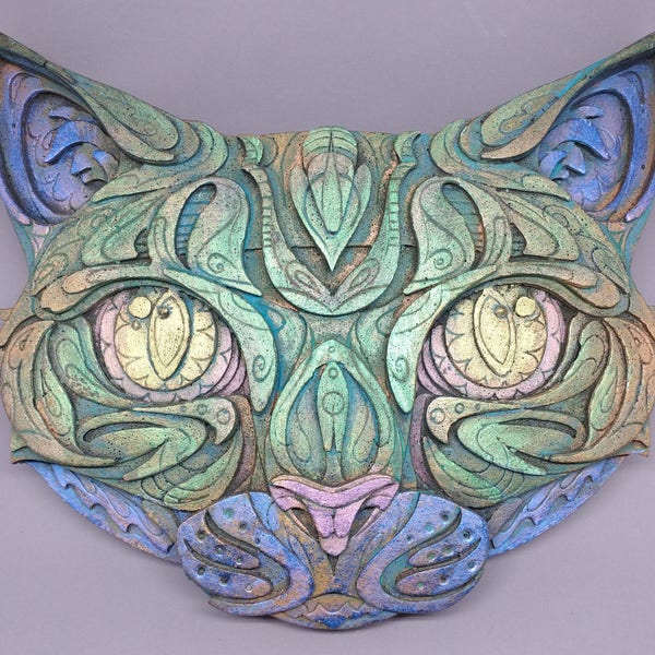 Colorful Cat Head Cement Wall Sculpture