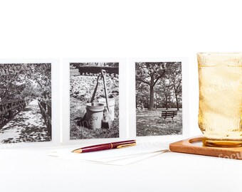SURTIDO DE TARJETAS DE NOTAS - 3 Fotos en blanco y negro Paseo marítimo-Jardín-Banco en blanco-Stock de lino-con sobres Contacto con alguien con una nota escrita a mano