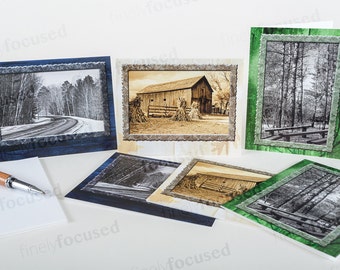 NOTA TARJETAS Surtido 6 B&W Photo Forest Road-Tall Pines-1840s Granero en blanco-stock de lino-con sobres Manténgase en contacto con alguien que cuida