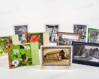 10 NOTE CARD SAMPLER b/n-color Boardwalk-Garden-Bench-Forest Road-Pines-Barn-Canyon-Lilies-Hibiscus-Grapes Blank-Linen Stock-With Envelopes