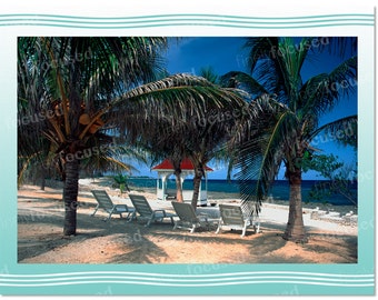 Tarjetas de notas fotográficas / Tarjetas de felicitación en blanco a color / Caimán Brac / Relajante escena de playa bajo palmeras / Paquete de 3 / stock de ropa de cama con sobres
