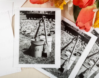 NOTA TARJETAS 3 Pack b&n foto -JARDÍN-Pala-Plantación -Es primavera y es hora de pensar en hermosos jardines -Stock de lino en blanco-Con sobres