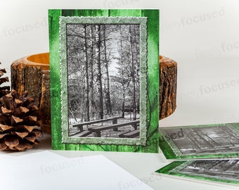 NOTE CARDS Package of 3 B&W Photo Warm up someone’s winter with your warm words Forest-Pine  Trees-Benches blank-linen stock-with envelopes