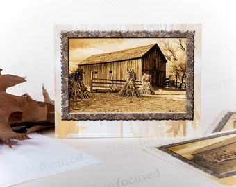 ¿A quién no le gusta el tiempo de cosecha en la granja? Pack de 3 b&n fotografía NOTE CARDS Haystacks-1840s BARN-Autumn Blank-linen stock-with envelopes