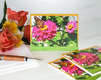 COLOR Foto Note CARDS / Pack de 3 / Blank Greeting Cards / Mariposa alimentándose de flor / Monarch / blank-linen stock-with envelopes