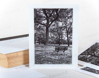 Pack de 3 TARJETAS DE NOTA foto b&n Parque-BANCO-Árboles Ponga a un amigo en este lugar tranquilo con una nota manuscrita Stock de lino en blanco-con sobres