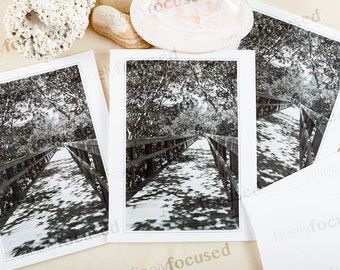 3 Pack NOTE CARDS -b&w photo -FLORIDA-Boardwalk -Regale a un amigo un paseo fácil por este carril tropical -Blank-Linen Stock-With Envelopes