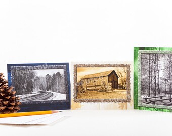 NOTE CARD Assortment 3 B&W Photos Forest Road-Tall Pines-Old Barn blank-linen stock-with envelopes Keep in Touch with Someone you care for