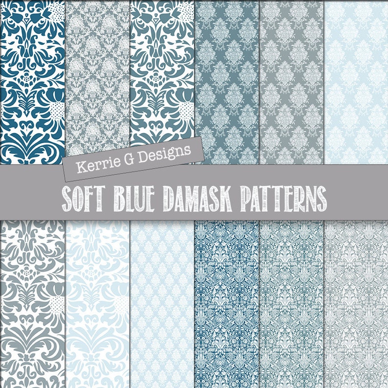 Damask Cardstock Paper Blue Digital Paper Pack Scrapbooking Etsy