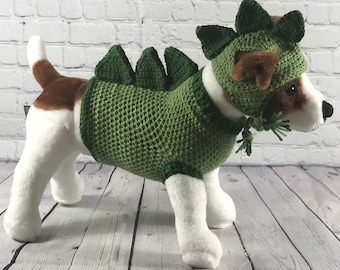 Hand Crocheted Dinosaur Dog Sweater For Small to medium Dogs, Pet Dinosaur Costume, Baby Dragon pet Sweater and Hat, baby dragon Pet Outfit