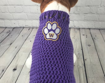 Licensed UW Hand Crocheted Dog Sweater For Large Dogs, University of WA Pet Shirt, Purple and Gold Dog Top