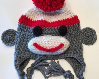 Sock monkey earflap hat, baby earflap hat, infant earflap hat, childrens earflap hat, adult sock monkey earflap hat, halloween costume hat