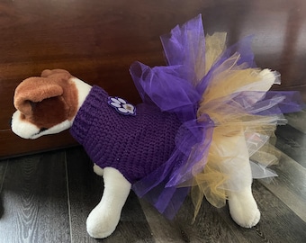 Licensed UW Hand Crocheted Dog Sweater For Small to Medium Dogs, University of WA Pet Shirt, Purple and Gold Dog Top