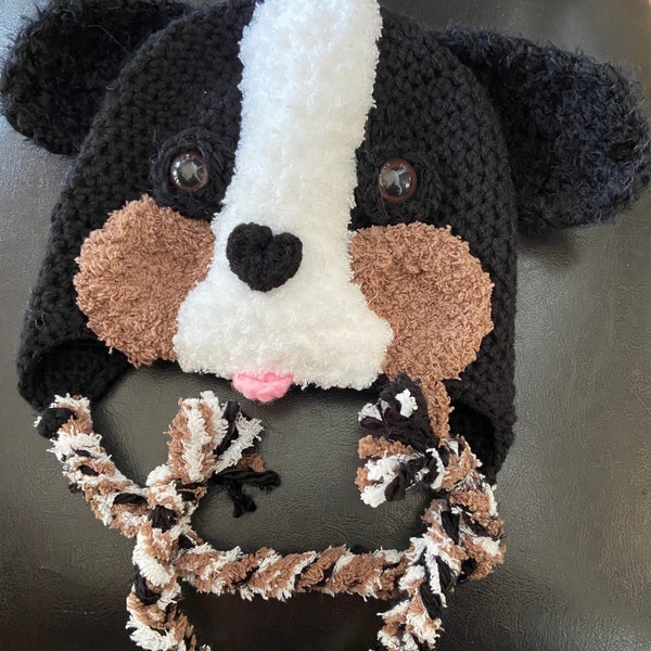 Bernese Mountain dog hat, crocheted furry Bernese dog hat, baby to adult size Bernese dog hat, can make to your specs.  So cute!