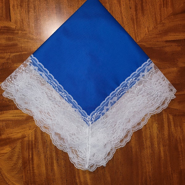 Beautiful Royal Blue Church Lap Scarf with White Lace