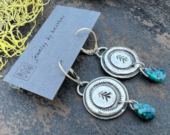 Tree stamped silver and Turquoise nature loving earrings