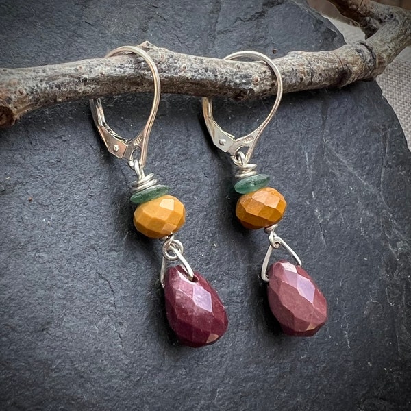 Petite faceted Mookaite and Antique Glass Silver Earrings